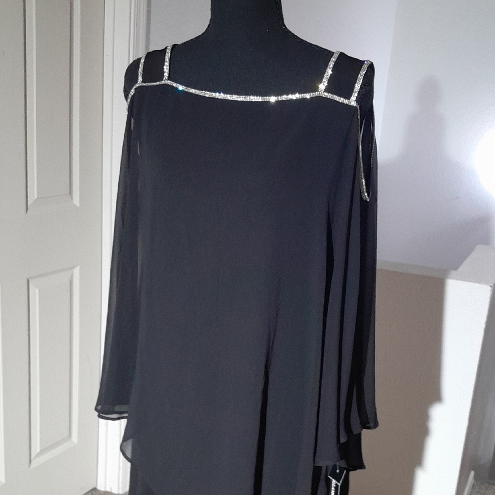 Glamour Black Evening Top with Silver Crystal Trim